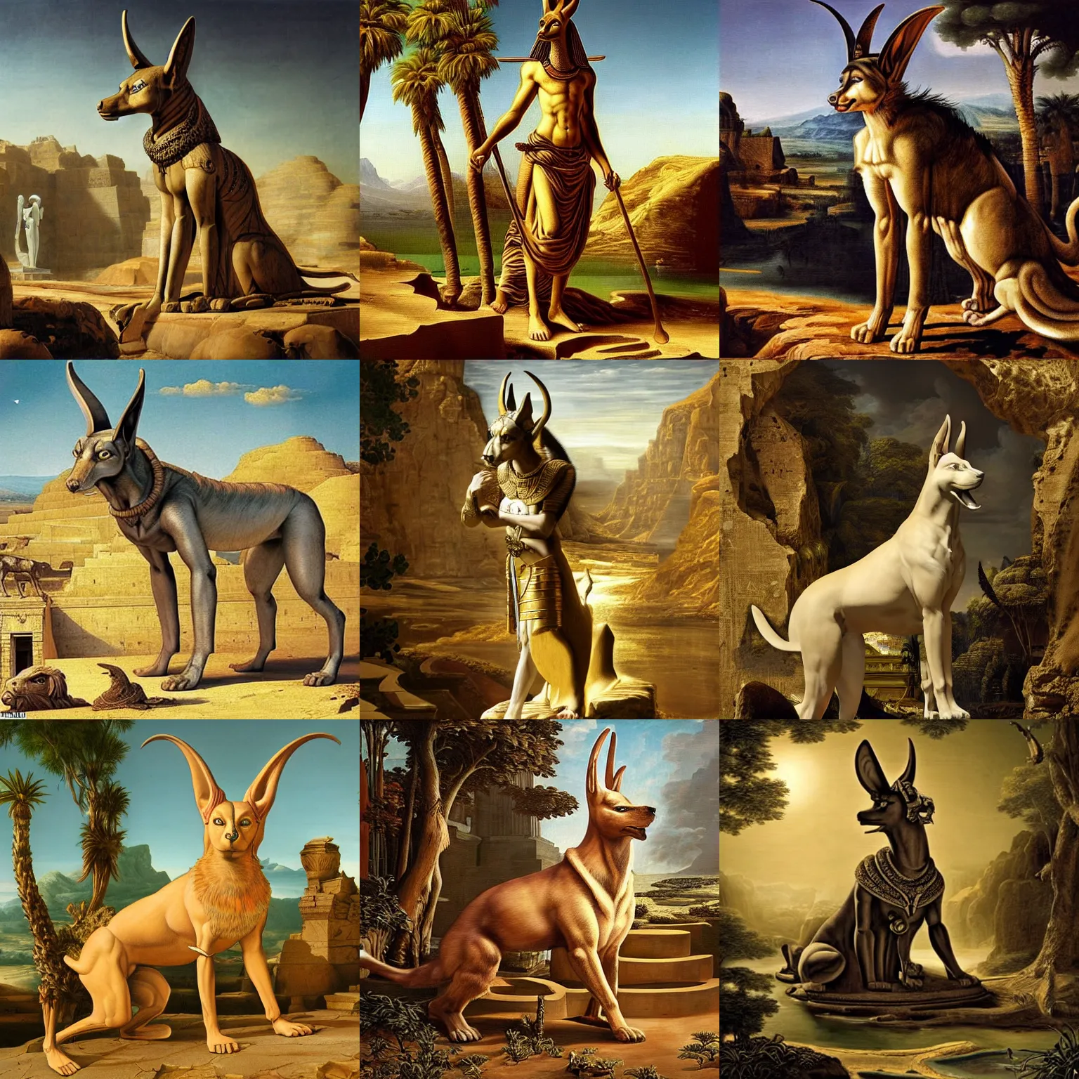 Prompt: epic baroque painting of anubis standing in an oasis, insanely detailed and intricate, elegant, hyper realistic, super detailed