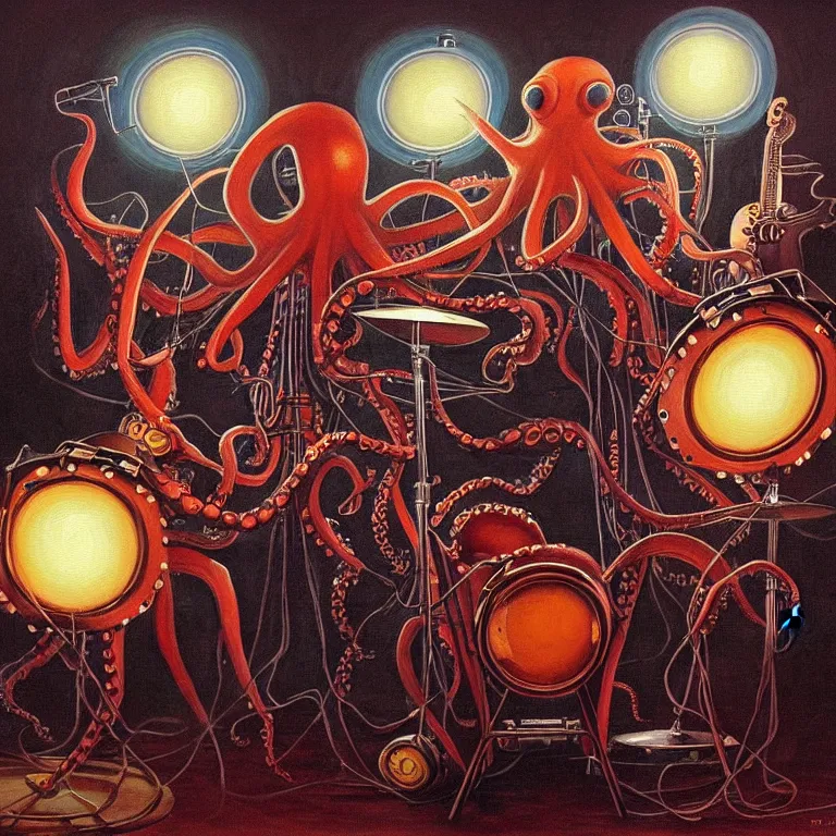 Image similar to a beautiful painting by gerald brom of a couple of octopus robots playing drums and telecaster guitar in an electronic concert, concert light, dark mood, warm lights