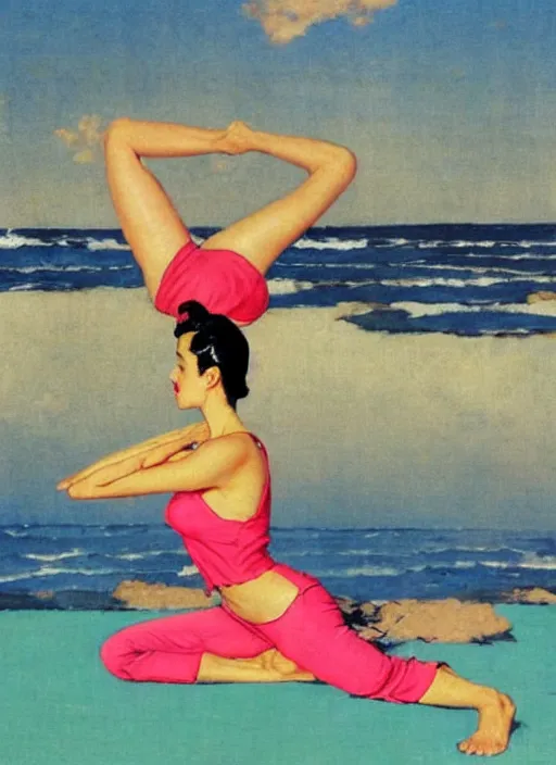 Image similar to a pin up girl doing yoga with a futuristic kimono in middle of the beach by norman rockwell and jack vettriano art nouveau aesthetic