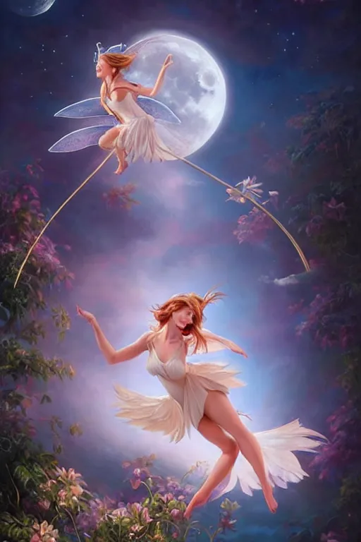 Image similar to attractive fairy magically floating high in the night, fantasy, full moon in background. highly detailed painting by artgerm, mid shot, 8 k