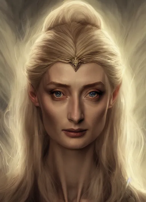 Image similar to beautiful radiant elizabeth debicki as galadriel, lord of the rings, lotr fanart, trending on artstation, character art, the hobbit, digital painting, perfectly detailed eyes, concept art, smooth, sharp focus, illustration, art by artgerm and greg rutkowski, directed by peter jackson,