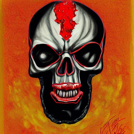 Prompt: Portrait of red skull with black tar oozing from eye sockets