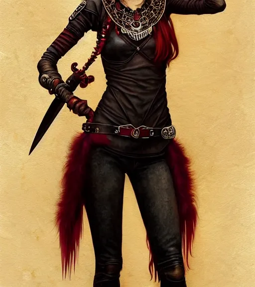 Prompt: portrait of teenage athena holding a dagger, long blood red hair, stern expression, wearing clothing of leather and fur, fringe, bone jewelry, intricate, elegant, leather jewelry, glowing lights, highly detailed, digital painting, artstation, concept art, smooth, sharp focus, illustration, art by wlop, mucha, artgerm, and greg rutkowski