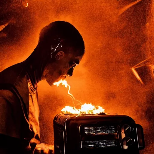 Prompt: cyborg with toaster oven chest, dark messy smoke - filled cluttered workshop, dark, dramatic lighting, orange tint, sparks, cinematic, highly detailed, sci - fi, futuristic, movie still