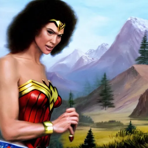 Image similar to a closeup photorealistic photograph of bob ross working on a canvas painting of wonder woman. film still. brightly lit scene. mountains and trees. this 4 k hd image is trending on artstation, featured on behance, well - rendered, extra crisp, features intricate detail, epic composition and the style of unreal engine.