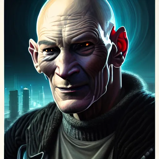 Image similar to portrait painting of a cyberpunk orc doctor who looks like patrick stewart with tusks, shadowrun, ultra realistic, concept art, intricate details, eerie, highly detailed, photorealistic, octane render, 8 k, unreal engine. art by artgerm and greg staples and elsa beskow and brian froud and jessica rossier