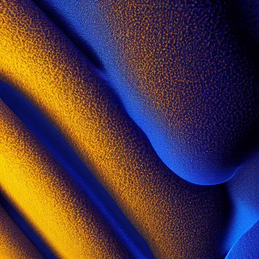 Prompt: a close up view of a yellow and blue substance, a microscopic photo by filip hodas, trending on cgsociety, kinetic art, bioluminescence, rendered in unreal engine, fractalism