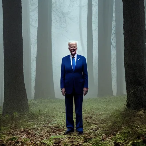 Prompt: joe biden with 4 arms standing ominously far in the foggy woods with a demonic wide smile in his face in the new horror movie, creepy