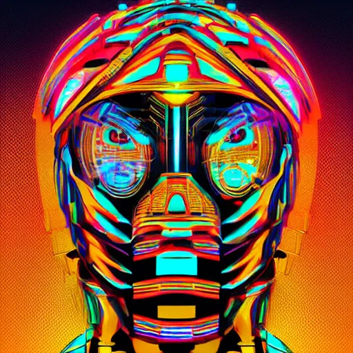 Image similar to hyperdetailed portrait of a spaced out cyberpunk aztec futurism robot head, 8 k, symetrical, flourescent colors, halluzinogenic, meditative, multicolored vector art, black background