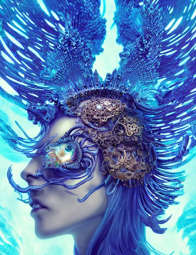 Image similar to goddess phoenix macro close - up portrait with crown made of ram skull. phoenix, betta fish, jellyfish, bioluminiscent, plasma, ice, water, wind, creature, super intricate ornaments artwork by tooth wu and wlop and beeple and greg rutkowski