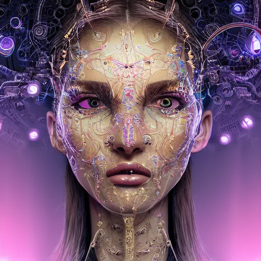 Prompt: very beautiful woman integrating with technology, full face frontal centered, portrait, insipiring, detailed intricate ornate cables connected to head, big open electric eyes, luxurious detailed abundent wiring and implants, diamonds, ruby, sci - fi, neon, emeralds, detailed technology background with cyber flowers and insects, highly detailed, artstation, 8 k,