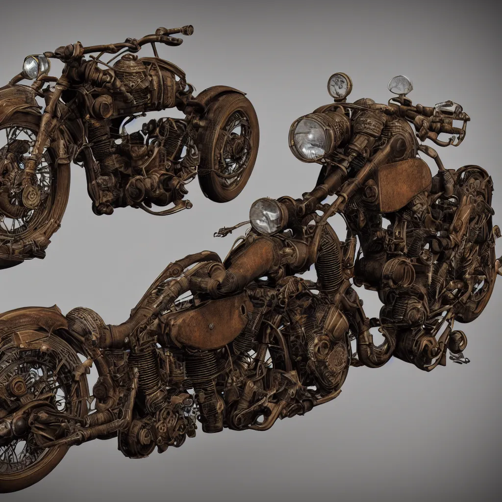 Prompt: steampunk style motorcycle, photorealistic, 3 d rendering, cute, unreal engine, bokeh