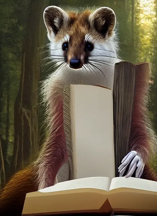 Prompt: A beautiful scene from a 2022 fantasy film featuring a humanoid pine marten genet hybrid wearing loose white clothing reading an ancient book on a couch. An anthropomorphic pine marten genet hybrid in a white tunic. Golden hour.