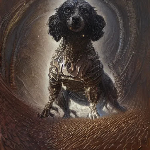 Image similar to low angle shot of a dog by clive barker, intricate, elegant, highly detailed, centered, digital painting, artstation, concept art, smooth, sharp focus, illustration, artgerm, Tomasz Alen Kopera, Peter Mohrbacher donato giancola, Joseph Christian Leyendecker, WLOP, Boris Vallejo.