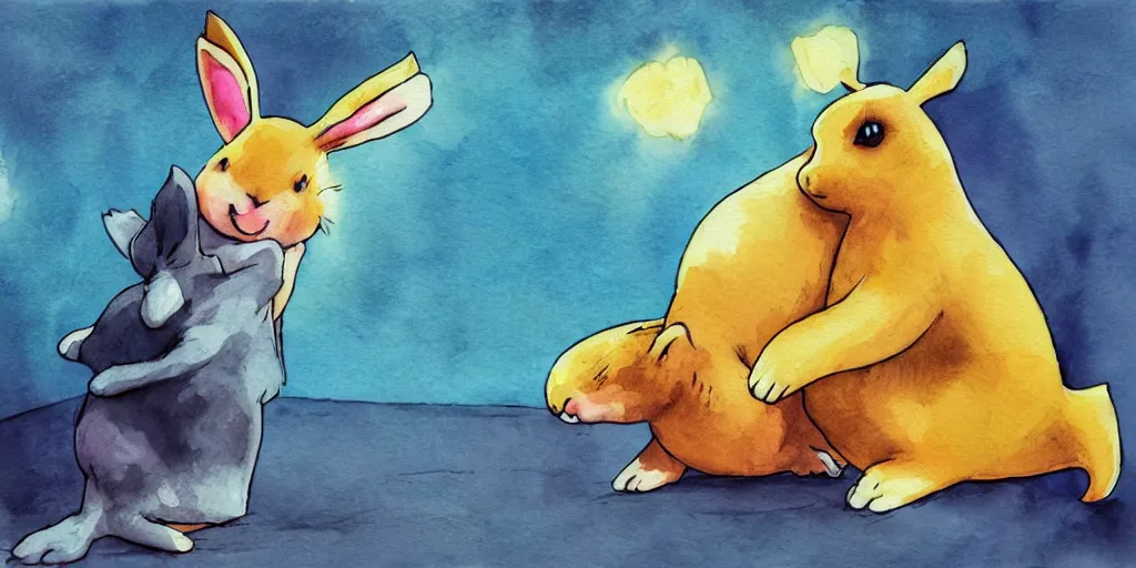 Image similar to drowzee making a new dream for a rabbit, watercolor, movie, concept art, warm lighting, vivid colours, cute