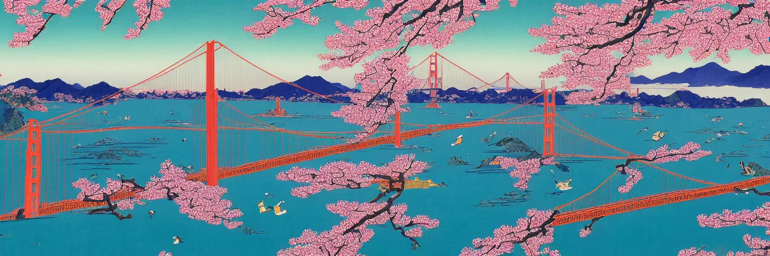 Image similar to awe-inspiring ukiyo-e landscape of San Francisco bay with the Golden Gate bridge in view, cherry blossoms on trees, 4k