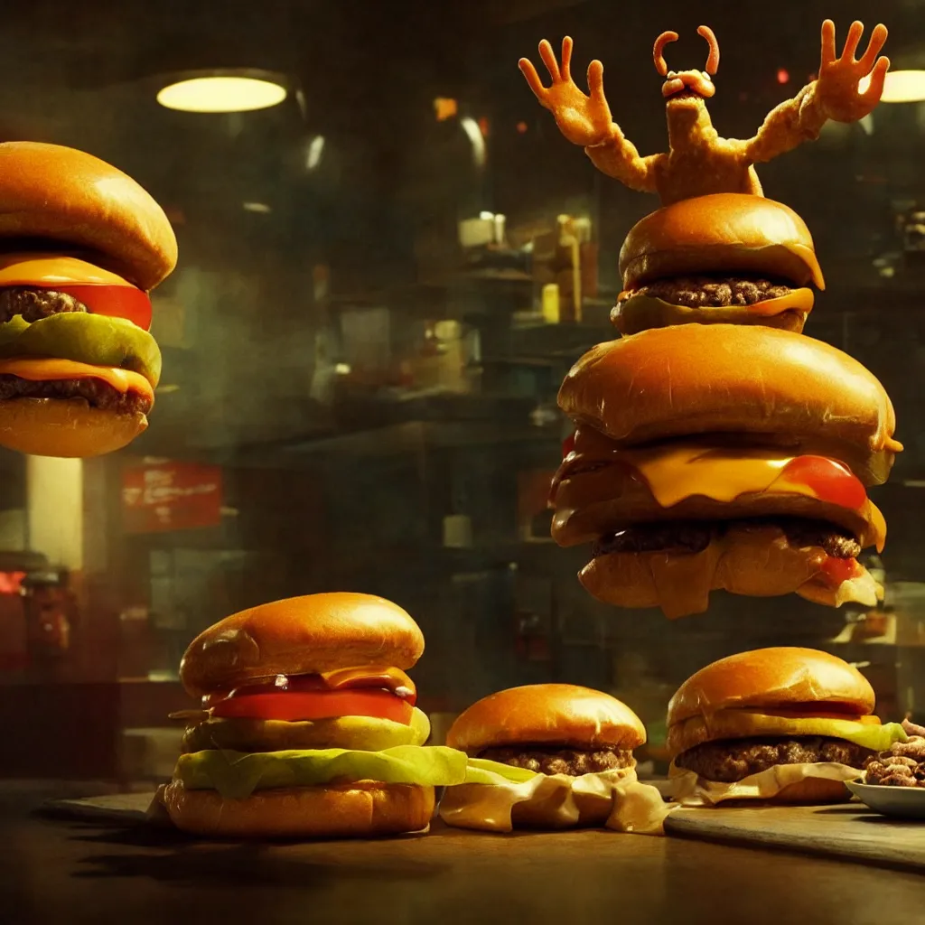 Image similar to the cheeseburger creature at the fast food restaurant, film still from the movie directed by denis villeneuve and david cronenberg with art direction by salvador dali and zdzisław beksinski, wide lens