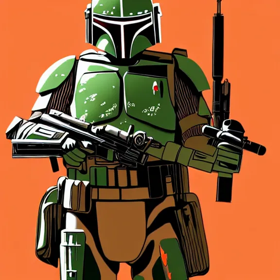 Image similar to Dynamic detailed artistic illustration of Boba fett but his armor is tan colored with desert camoflauge patterns, wearing nightvision goggles and holding an ar-15 rifle
