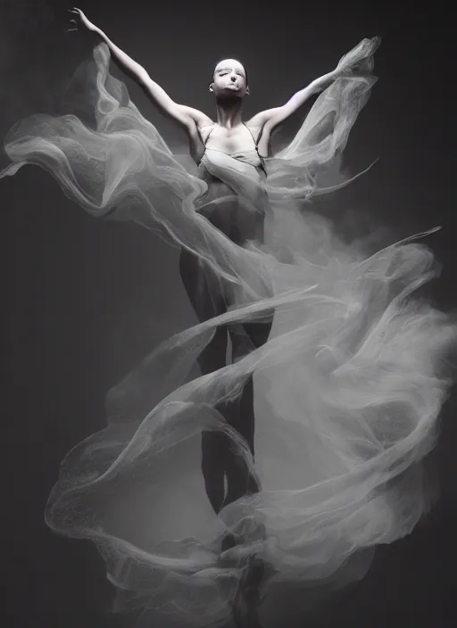 Image similar to a Photorealistic dramatic hyperrealistic render of a glamorous beautiful Female smoke dancer by Ken Brower and Deborah Ory of NYC Dance project,Lois Greenfield,Flowing cloth and smoke,Beautiful dynamic dramatic dark moody lighting,volumetric,shadows,cinematic atmosphere,Octane render,8K