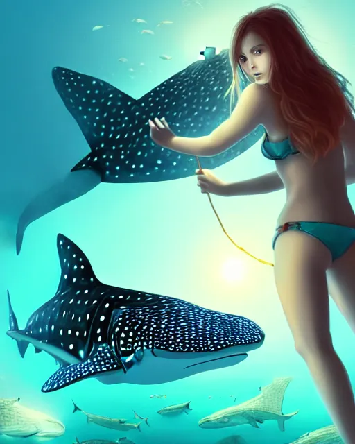 Prompt: whale shark and beautiful girl, radiant lighting, cinematic, artstation