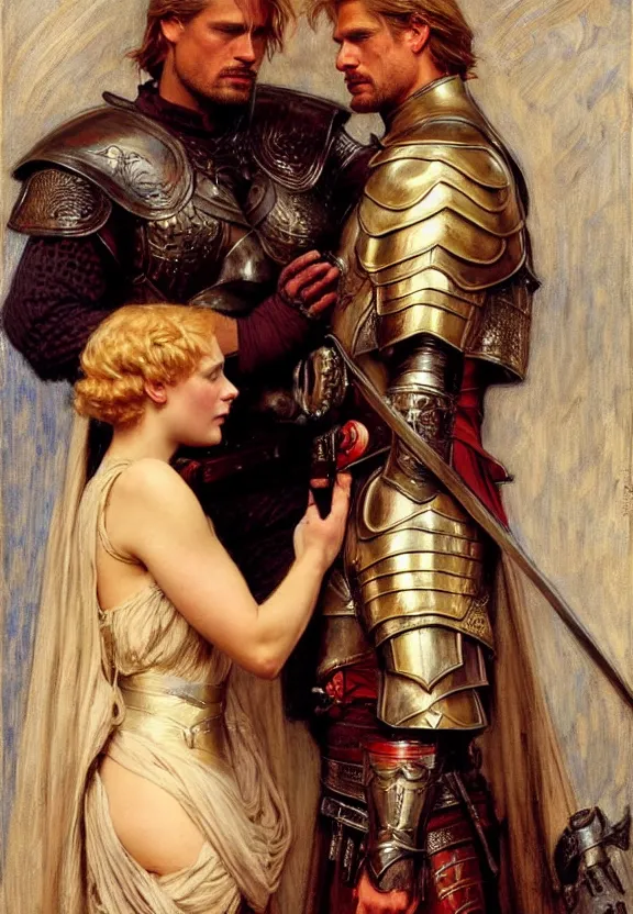 Prompt: attractive handsome fully clothed jaime lannister confesses his love for attractive fully armored brienne of tarth. wow! romance!! highly detailed painting by gaston bussiere and j. c. leyendecker 8 k