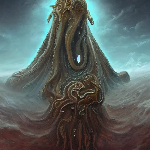 Prompt: a continent in the shape of a lovecraftian old god painting. oil on canvas. award winning. dramatic. trending on artstation 8 k