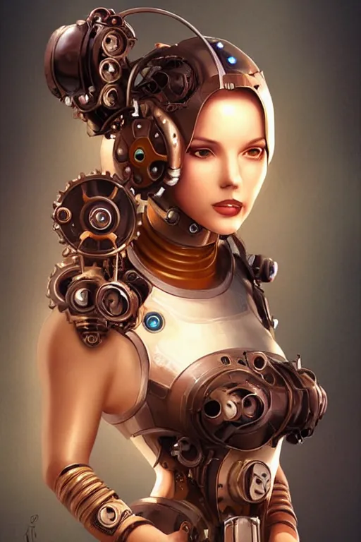 Image similar to retrofuturistic female android, steampunk, gears, detailed mechanical parts, painting by artgerm beeple julie bell