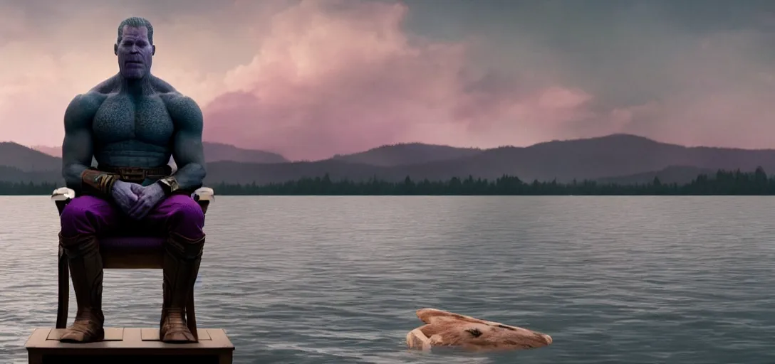 Image similar to a very high resolution image from a new movie. thanos sitting on chair in a lake, photorealistic, photography, directed by wes anderson