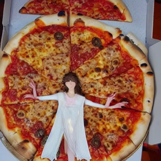 Image similar to fairy with pizza for wings,