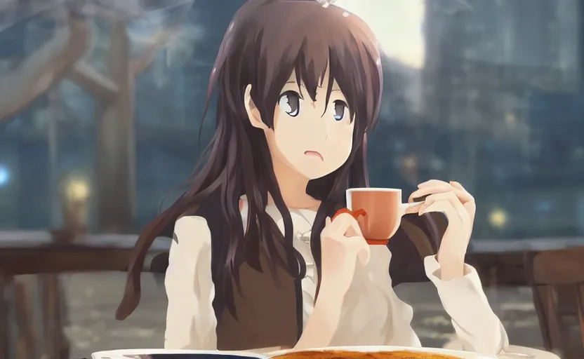 Image similar to An anime girl drinking a cup of coffee, enjoying the warmth, anime scene by Makoto Shinkai, digital art