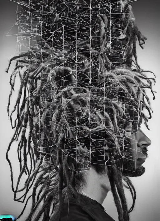 Prompt: man with dreadlocks in a room with many screens of different sizes and styles, his hair is like cables that keep him connected to all the screens and to the interplanetary network. on the screens there are images of him, of cities, planets and glitches, cosmic tech conceptual dystopian art