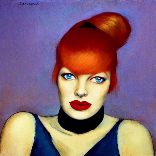 Prompt: Female model, red hair, coral lips, blue shadow, Edward Hopper style