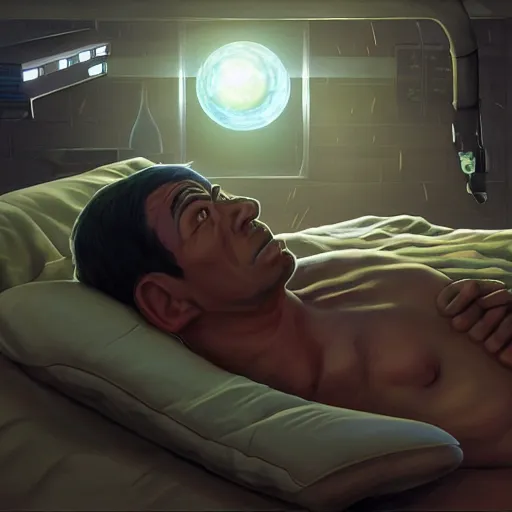 Image similar to waking up from coma, first person view, being cared for by primitive extraterrestrials, cinematic, worm's eye view, dramatic lighting, illustration, ron cobb, mike mignogna, science fiction