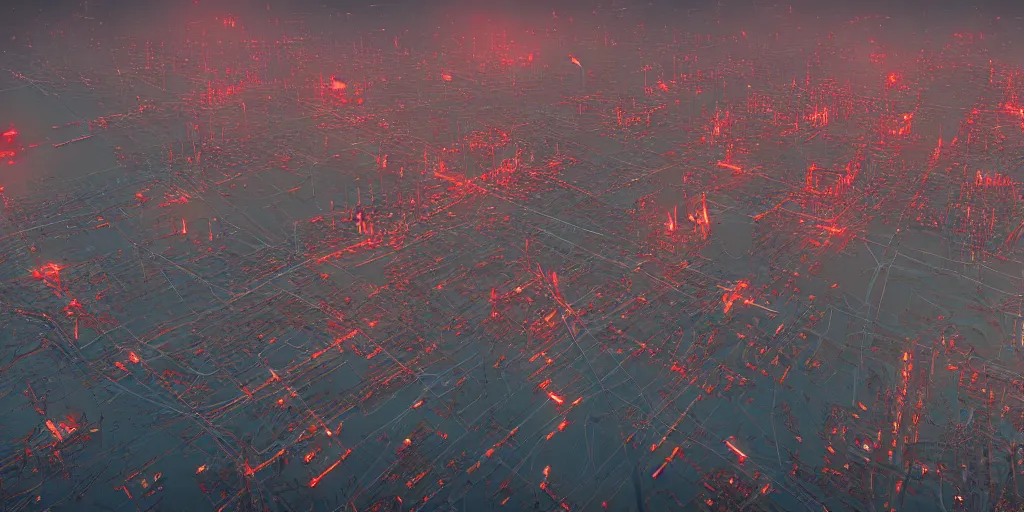 Prompt: Crimson city skyline under translucent azure dome on dozens of insectile legs,Stalenhag style, soft light, 8k, high detail