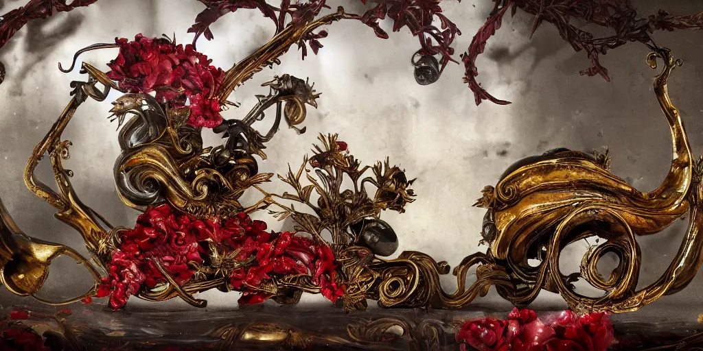 Prompt: snail vs knight, wide angle, italian masterpiece, Ashford Black Marble, sculpture, baroque, draped with red Hibiscus and vines and spines, marble and gold, drapes, dead fruits, Obsidian, portrait, rabbit, chariot, snails vs knight, render, artstation, ultra detailed