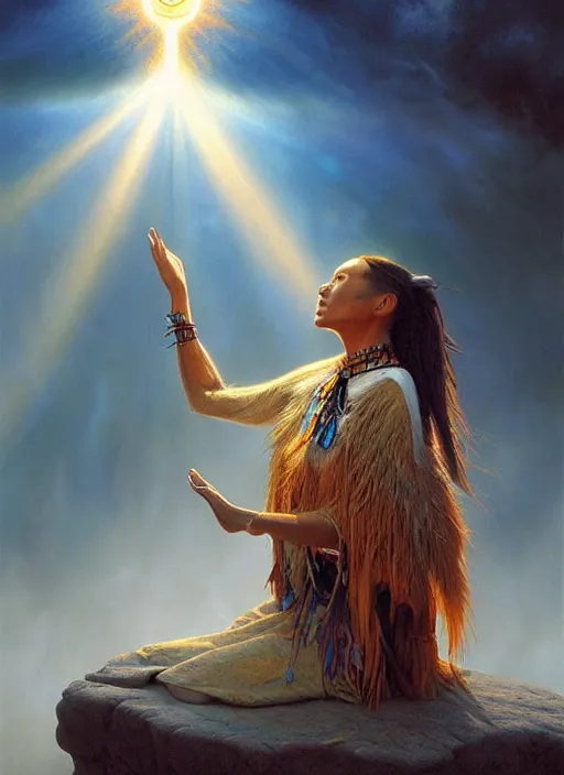 Prompt: a beautiful closeup portrait of an indigenous female shaman receiving particles of loving light energy, god rays, matte painting, designed by dr seuss and michal karcz, by christophe vacher