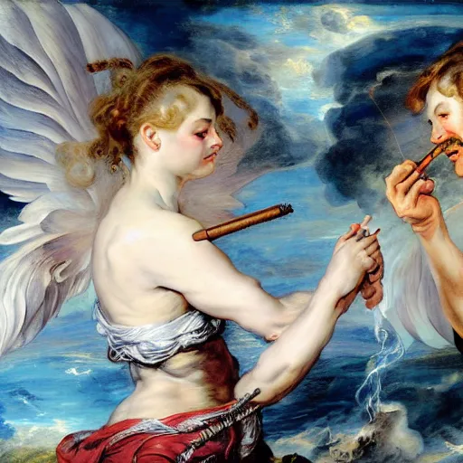 Image similar to heavenly summer sharp land sphere scallop angels smoking cigars, by Peter Paul Rubens and Eugene Delacroix and Karol Bak , Hyperrealism , digital illustration , fauvist