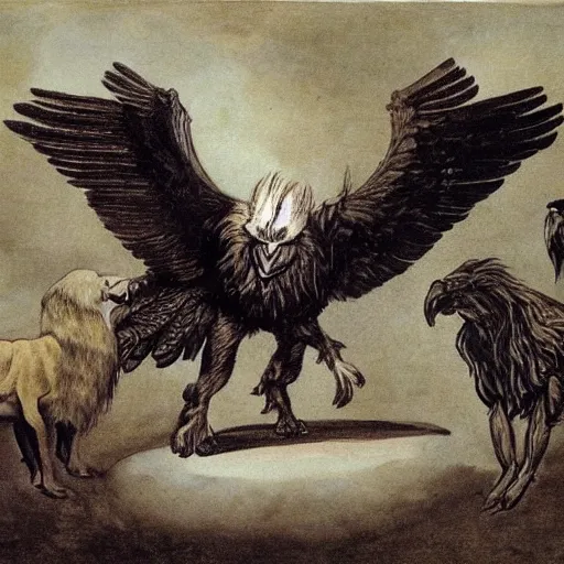 Image similar to human / eagle / lion / ox hybrid with two horns, one big beak, mane, human body. drawn by francis bacon