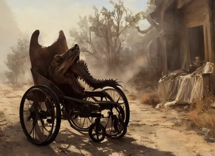 Image similar to oil painting of tyrannosaurus rex with diaper in wheelchair, in dusty wild west street, art by anders zorn, wonderful masterpiece by greg rutkowski, beautiful cinematic light, american romanticism by greg manchess, jessica rossier