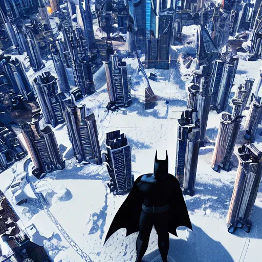 Prompt: batman standing on top of a snowy mountain top and looking down on a futuristic city, 4 k