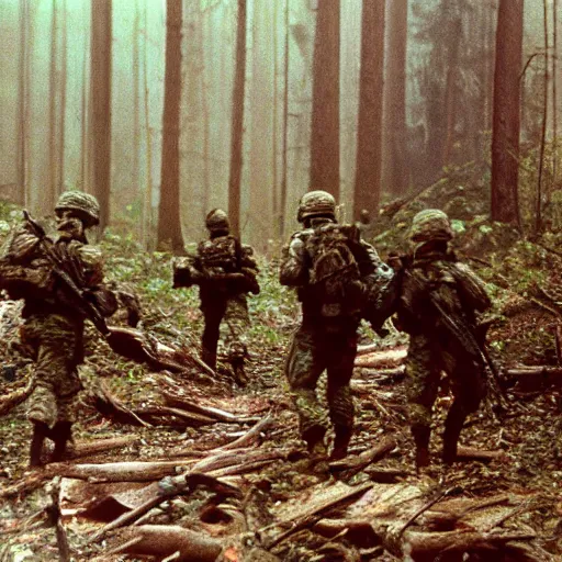 Prompt: wide shot, a squad of American Soldiers patrolling deep in the thick, forest, painting, colored, eerie, Lovecraftian, eldritch horror, 1969