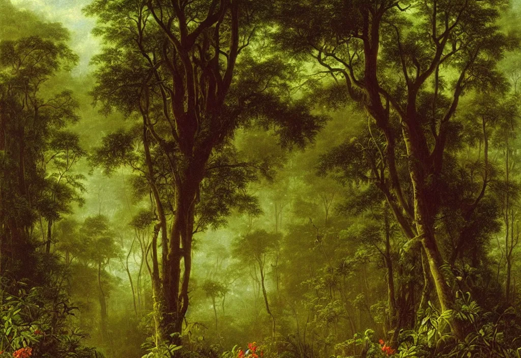 Prompt: a detailed botanical landscape painting of a flowering plant in the forest jungle, painting by martin johnson heade, high humidity rainforest weather