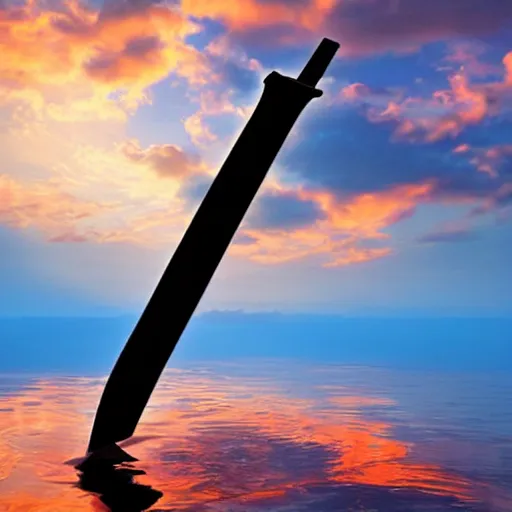 Image similar to a floating sword in front of a sunrise, extremely realistic and beautiful