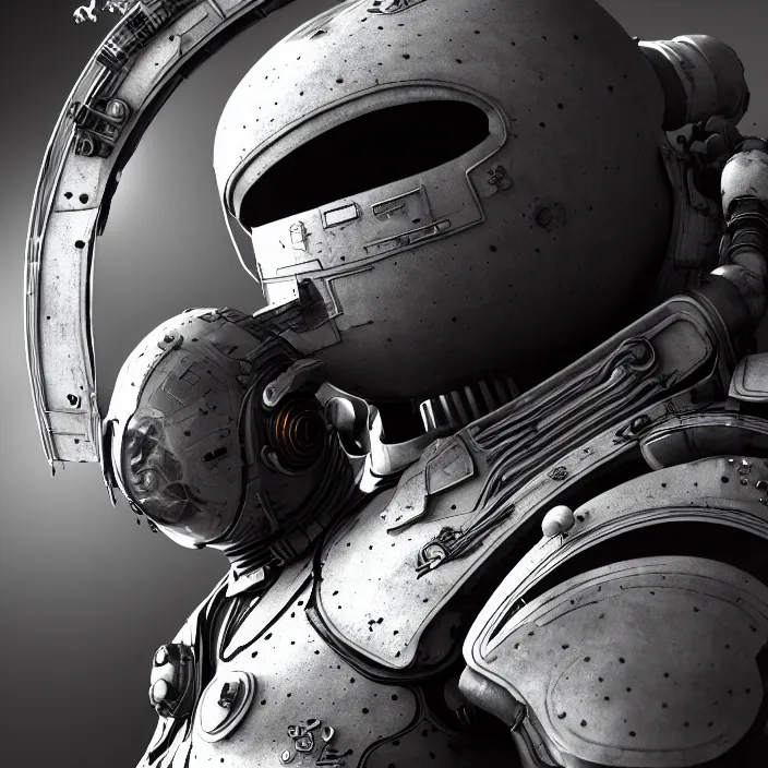 Prompt: a vertical portrait of a character in an spaceship, moon behind, by nihei tsutomu, black and white, dreamy, steampunk bioarmor, highly detailed, 3 d render, vray, octane, realistic lighting