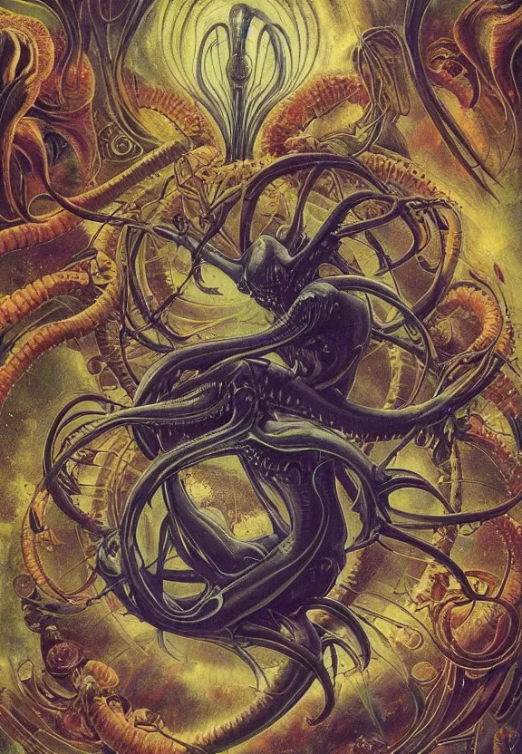 Image similar to simplicity, elegant, colorful muscular sci - fi eldritch, flowers, astronauts, radiating, mandala, psychedelic, outer space, shadows, by h. r. giger and esao andrews and maria sibylla merian eugene delacroix, gustave dore, thomas moran, pop art, giger's biomechanical xenomorph, art nouveau