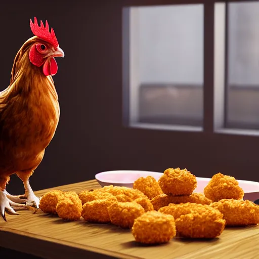 Image similar to photorealistic chicken that is eating chicken nuggets. hyperdetailed photorealism, 1 0 8 megapixels, amazing depth, glowing rich colors, powerful imagery, 3 d finalrender, 3 d shading, cinematic lighting, artstation concept art