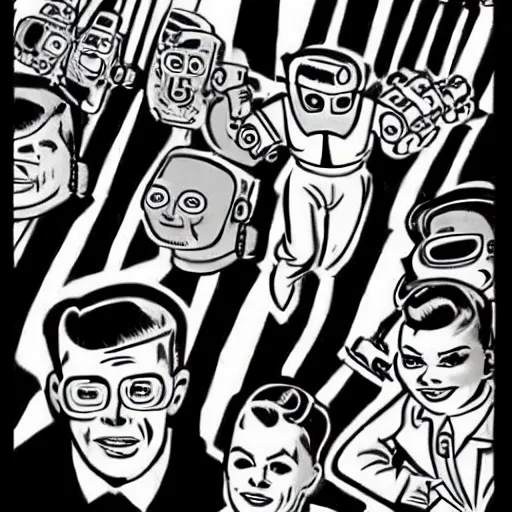 Image similar to in the style of 1960s, A scary robot is chasing after a bunch of scared adults with fully detailed faces, down the street, fully detailed , faces in focus