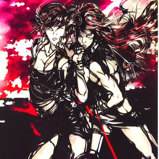 Prompt: 🌹⚡🌈 girls fighting, yoji shinkawa