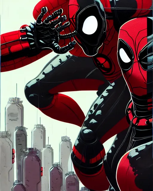 Prompt: highly detailed closeup portrait of a mutated venom symbiote in iron man suite suit with deadpool host, wearing black hoodie by atey ghailan, by greg rutkowski, by greg tocchini, by james gilleard, by joe fenton, by kaethe butcher, red, black, crimson and white color scheme, background is graffiti tag wall