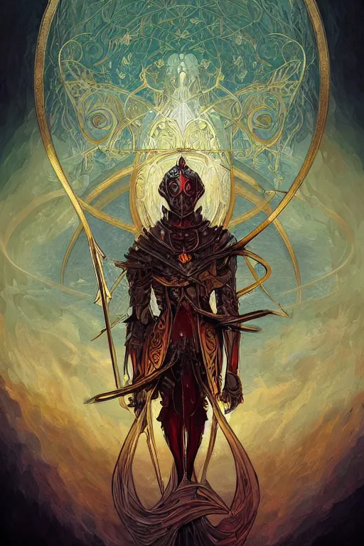 Prompt: breathtaking digital painting of a knight pierced with swords of light, bones stained glass with ruby twilight, strokes of mist and golden ribbons, art nouveau style, by casimir art, anato finnstark and kelogsloops, elegant, highly detailed, artstation, concept art, matte, sharp focus